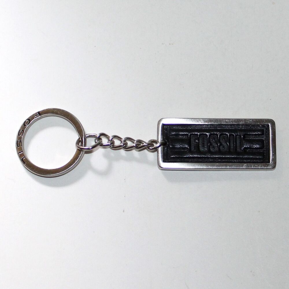 Fossil Keychain keyring unisex metal black leather silver charm